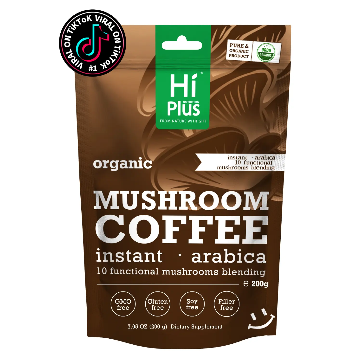 HiPlus Organic Instant Coffee Powder combines 10 types of mushroom extracts, including Ganoderma lucidum, Lion's Mane Mushroom, and Cordyceps, with premium Arabica coffee. It boosts metabolism, and enhances concentration and memory.