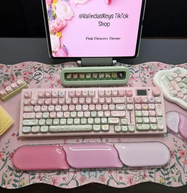 Pink Flowers Theme Mechanical Wireless Keyboard Full Set - Custom Keycaps, RGB Lighting, Wireless Multi-Device Compatibility, Matching Wrist Rest, Ready to Use Computer Accessory