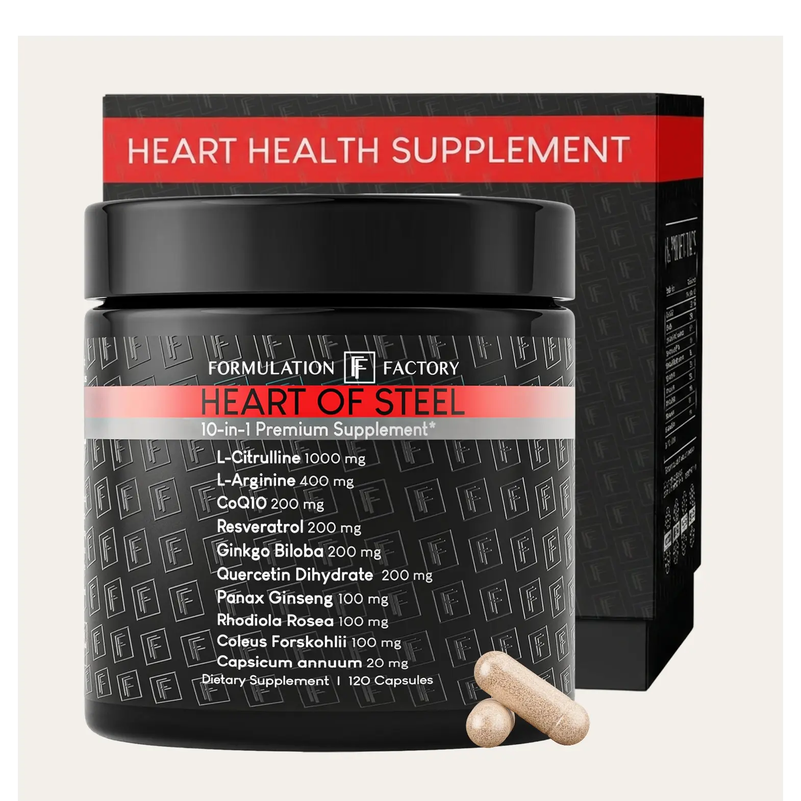 Formulation Factory 10-in-1 Nitric Oxide Blood Flow Supplement | Heart of Steel L-Citrulline 1000mg & L-Arginine + CoQ10, Ginkgo, Resveratrol, Circulation, Energy, Endurance, Pump, 120 Capsules