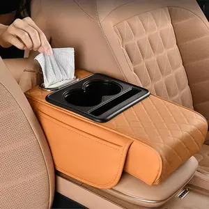 Car Armrest Cushion, 5-in-1 Center Console Cover with 2 Storage Bags Cup Holder, Tissue Box Slot, Phone Slot for Sedans, Car Accessories Interior Organizers (Orange)