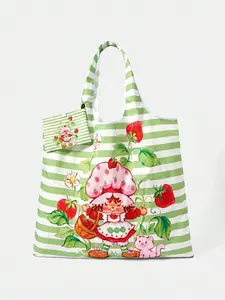 Strawberry Shortcake 1 Piece, Line Flower Strawberry Pattern Folding Shopping Bag, Large Capacity Waterproof Tote Bag.