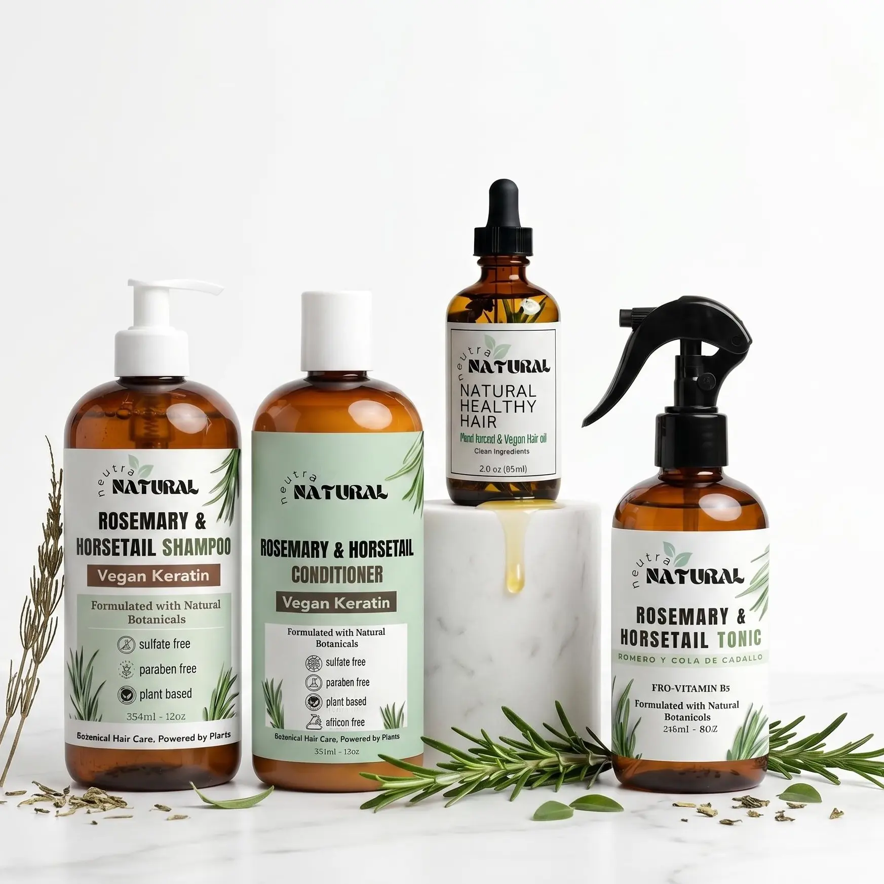 NEUTRA NATURAL 4- Products Haircare Bundle with Herbal Shampoo & Cleanser Conditioner, Daily Lightweight Formula, Rosemary, Horsetail, Vitamin B5, Avocado Oil, Castor Oil, Clean Beauty, Paraben-Free, Sulfate-Free, Vegan