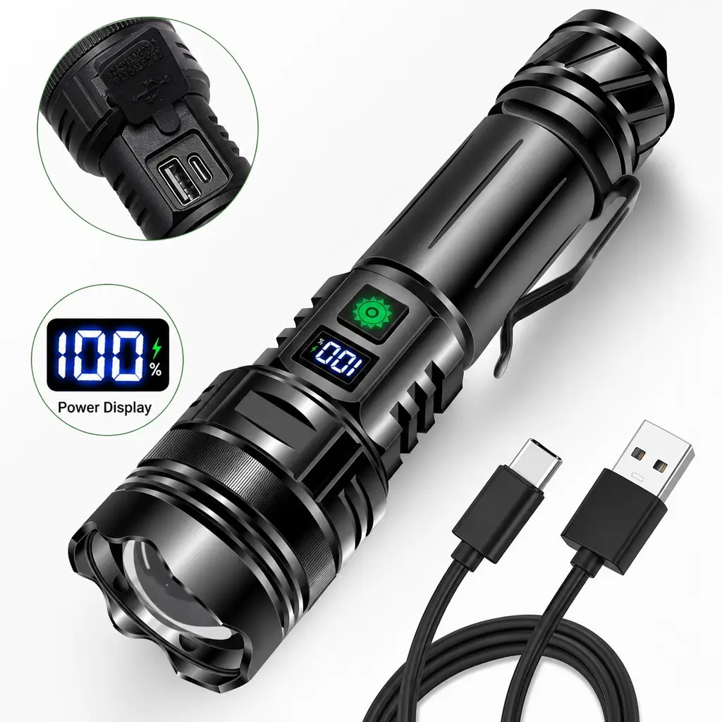 Zoomable LED Flashlight with Digital Real-Time Power Display, Type-C Fast Rechargeable Handheld Torch, Waterproof Aluminum Alloy Body, Multiple Brightness Modes, Portable Pocket Light for Camping, Hiking, Night Walks, Emergency and Daily Outdoor Use