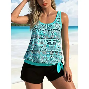 2026 Women's Plus Size Print Tankini Swimsuit, Scoop Neck Sleeveless Flowy Double Layer Top, Black Side Tie Swim Shorts Bottom, Tummy Control Modest Two-Piece Bathing Suit for Beach Pool Swimwear,Summer Vibes