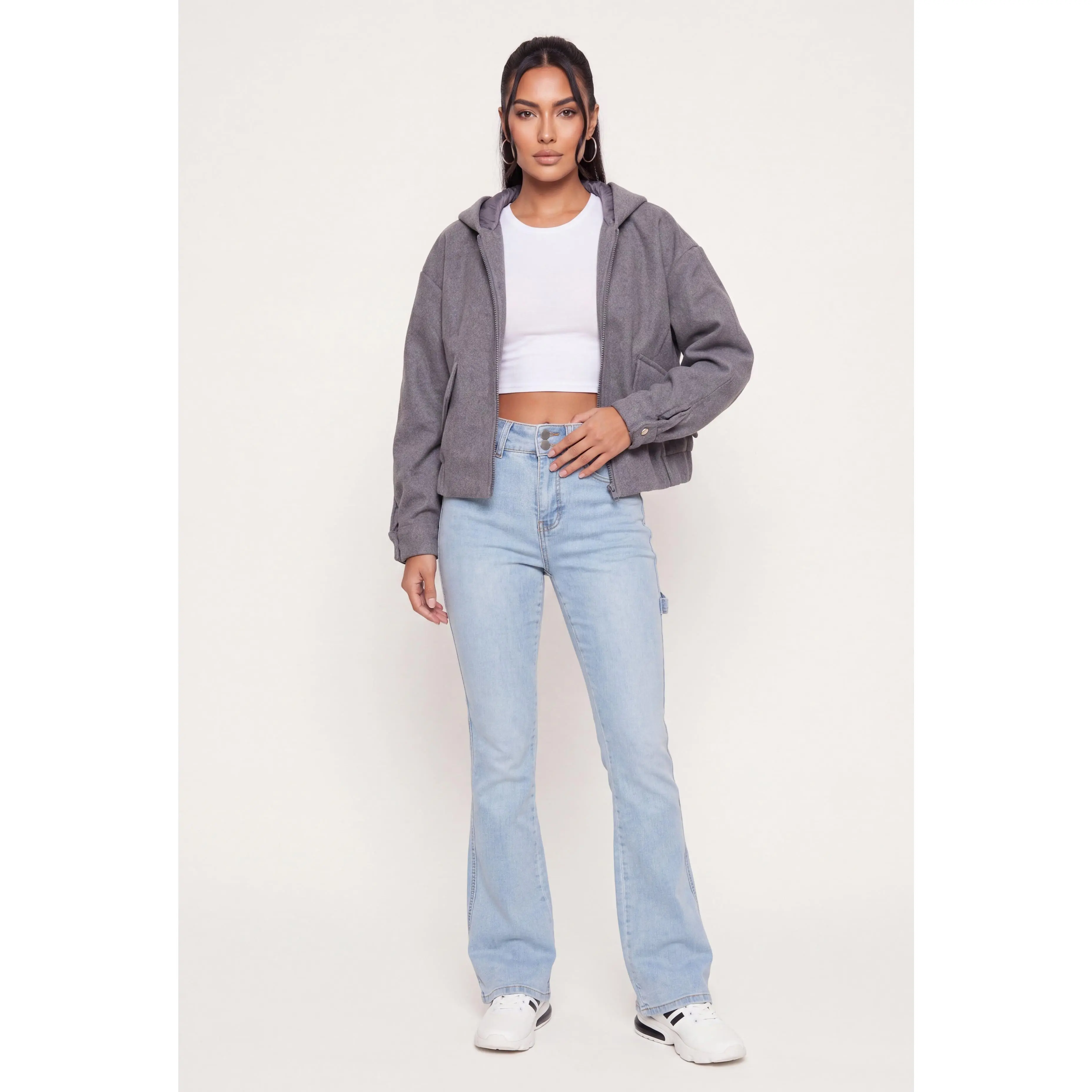 Slant Pocket Zip Front Hooded Bomber Jacket