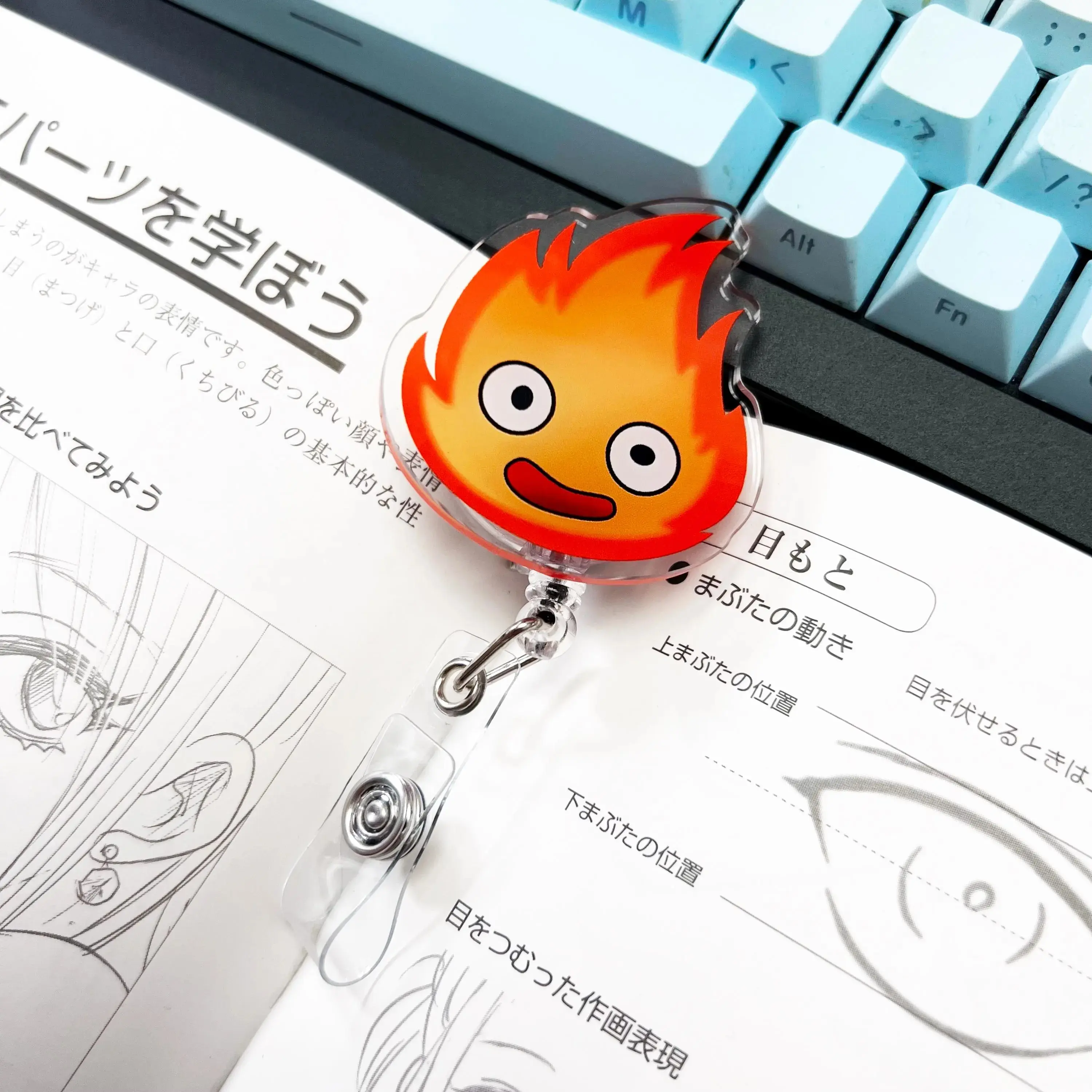 Self Drawn Flame Fire Badge Reel – Cute Anime Calcifer ID Holder Clip for Work & School