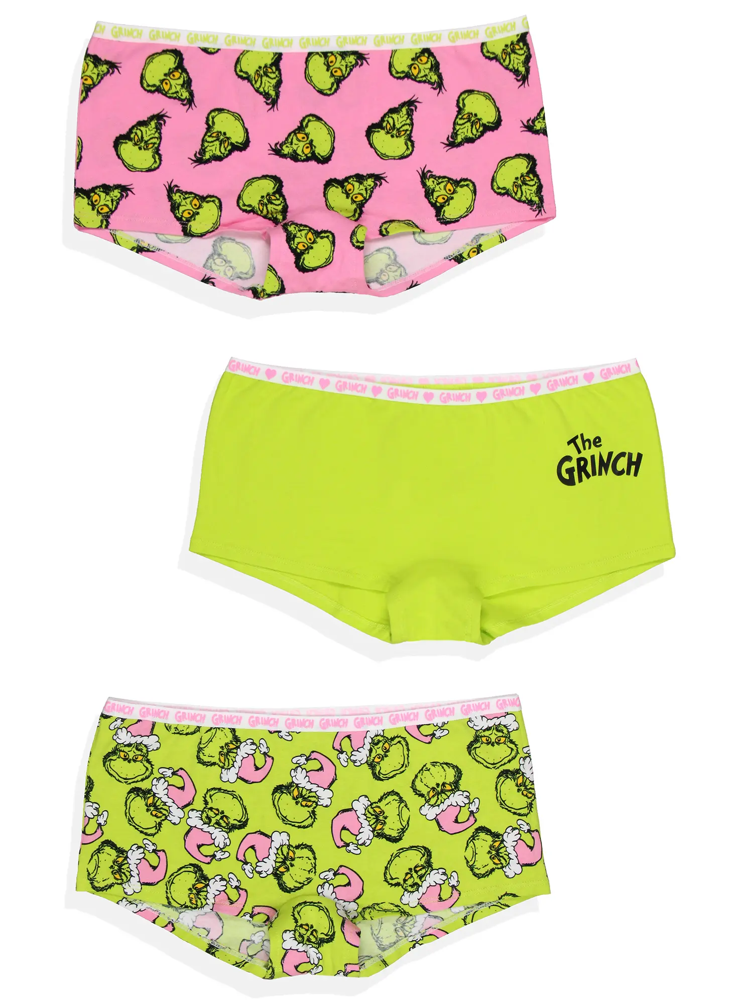 Dr. Seuss' The Grinch Women's Boyshort Underwear, 3-Pack with Festive Character Designs, Soft & Comfy Stretch Fit, Holiday Stocking Stuffer, Twist, Style, Everyday, Funny
