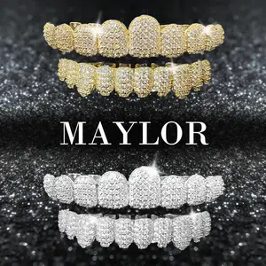 Unisex Hip Hop Cubic Zirconia Grillz Set Iced Out 20 Teeth Top & Bottom Punk Dental Caps for Rapper Cosplay & Street Style