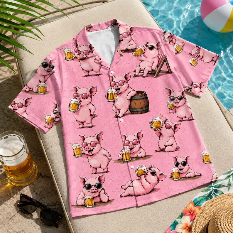 Cute Pig Drinking Beer Hawaiian Shirt Men Women, Funny Pig Themed Aloha Shirt, Summer Beer Party Outfit, Pig Lovers Gift,Animal Lovers Shirt