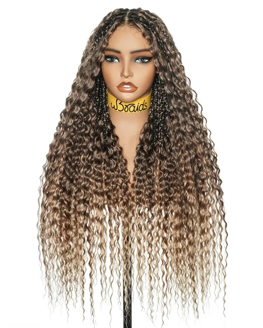 uBraids 26" Synthetic Blend Human Hair Swiss HD Lace Blend Brown Deep Wave Knotless Boho Box Braided Wig Full Lace Hand-tied Fontal Glueless With Drawstring