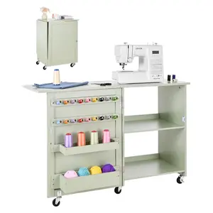 【Summervibes】VEVOR Folding Sewing Table, Multipurpose Sewing Machine Table with Compact Design, Wheels, Wooden Pegs, Storage Trays and Shelf, Magnetic Door Lock, Craft Station and Side Desk for Home, Light Green