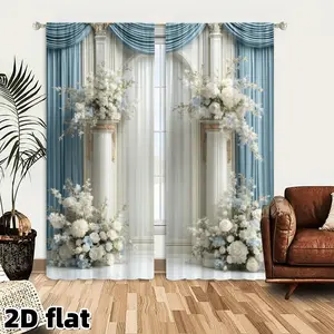 2D Flat 2Pcs Blue Floral Wedding Backdrop Curtains Elegant Roman Column Design Waterfall Flowers Arch Window Drapes Decorative Valance Swag Polyester Fabric for Living Room Bedroom Ceremony Party Decor Treatment Privacy Light Filtering Easy
