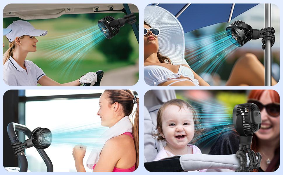 [Frsara] 2026 upgrade Led Portable Stroller Mini Fan Octopus fan, Rechargeable Portable Fan, 360°Rotatable, 3-Speed, Stroller Fan, Flexible Tripod for Treadmill, Golf Cart, Bike, car, Ideal for Beach, Camping, Outdoor