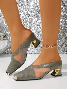 French Snake Skin High Heels, Stylish Elegant Classy Patchwork Design, PU Leather, PVC Sole, Comfortable Mid-Heel, Versatile for All Seasons