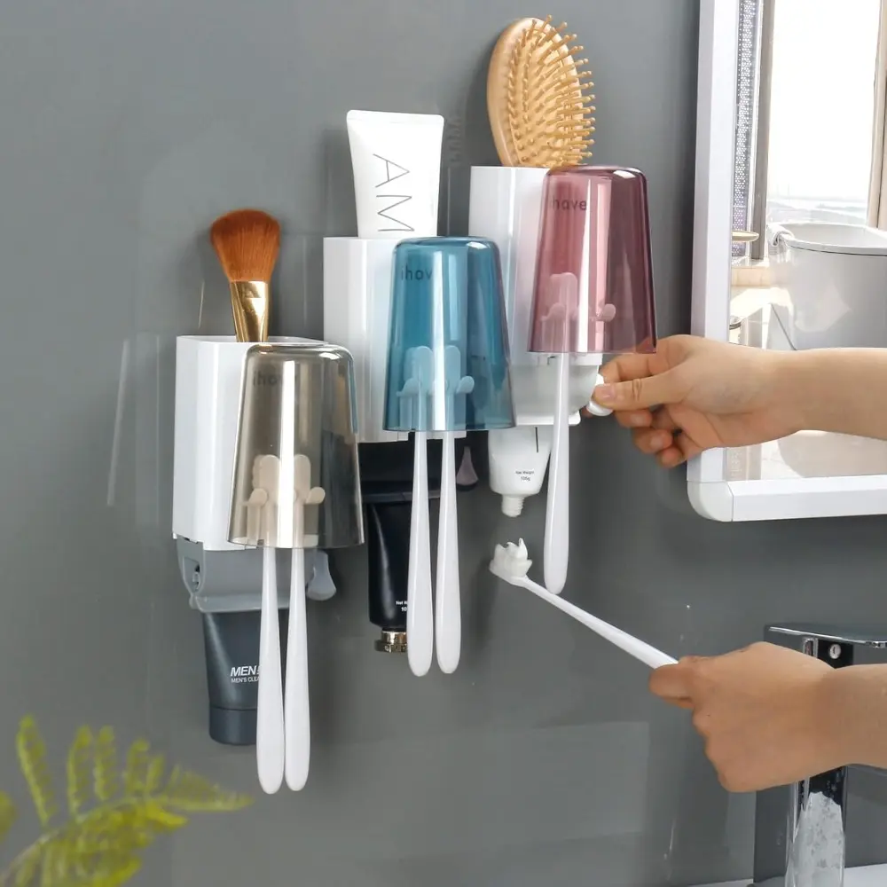 Wall-Mounted Bathroom Toothbrush Holder & Toothpaste Squeezer Set - Home Supplies with 3 Cups + 3 Dispensers, 3 Cups+3Dispenser