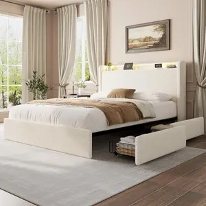 Queen Size Boucle Fabric Bed Frame, Upholstered with Storage Headboard, 4 Storage Drawers, Charging Station, LED Lights, Noise-Free Wood Slats, No Box Spring Needed, Beige