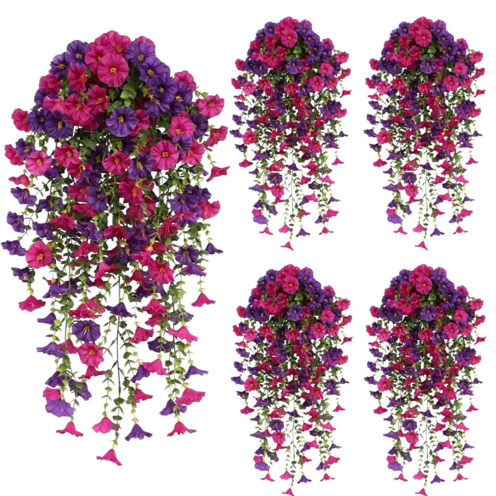 2 Packs UV-Resistant Artificial Morning Glory Hanging Vine Flowers, Decorative Faux Hanging Basket Ornaments for Outdoor Decor, Wall, Home & Garden Use (Ideal for Thanksgiving Decor)
