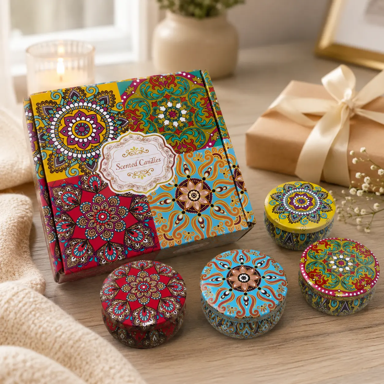 Boho Mandala 4-Pack Reusable Decorative Colorful Soy Wax Tin Candles - Soft, Woody, Signature Scent Freshener Set with Dried Rose Petals, White Peach, White Tea, Creamy Coconut, Cedar Forest Scents, Gift-Ready Box for Moms, Home Decor Supplies