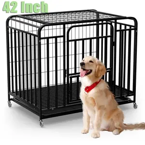 42 Inch Heavy Duty Dog Crate Cage Kennel for Large Dogs Portable Travel Ready Design with Foldable Panels and Wheels Tough Steel Construction 360 Degree Mobility Dual Entry Easy to Clean