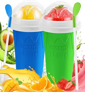 2-Pack Portable Silicone Slushy Maker Cups, Kitchen Utensils Set with Lid, Straw & Spoon, DIY Cooling Cups for Juice, Milk & Yogurt, Ideal for Kids, Birthday Gifts (Blue+Green) Dessert Kitchenware Container