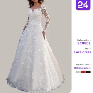 2026 New Style Women's Long-Sleeve Solid Color Sheer Lace Wedding Dress Bridal Gown
