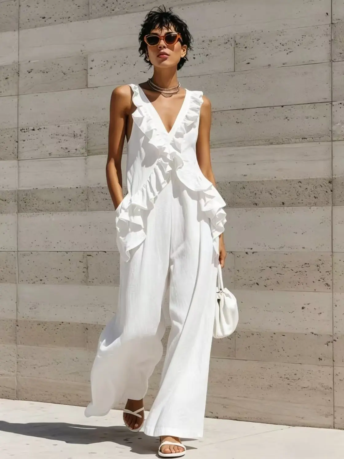 Elegant White Ruffled Jumpsuit with V-Neck and Wide Leg Design for Summer Fashion