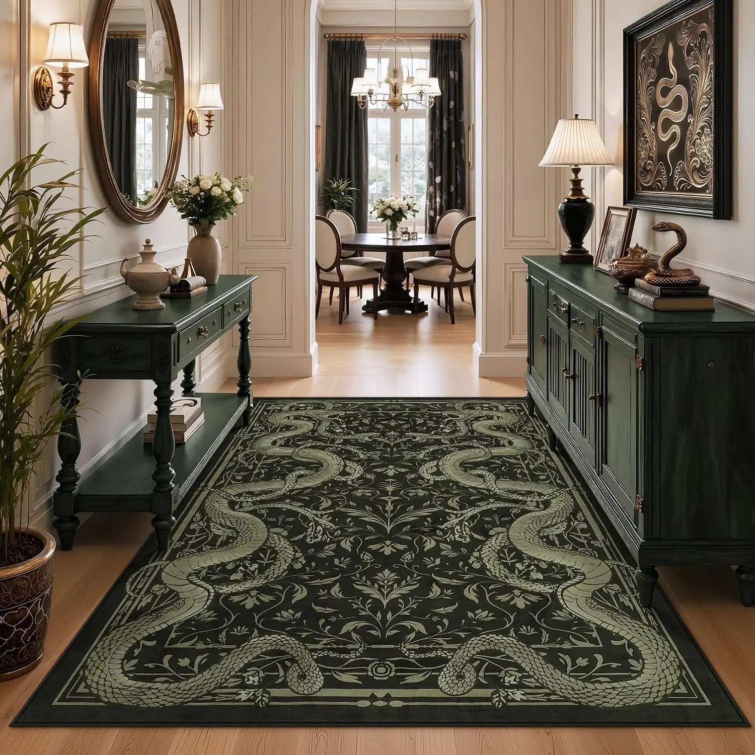 Tribesigns Washable 2x6 5x7 8x10 Snake Rug for Living Room, Low Pile Soft Dark Gothic Area Rugs for Bedroom, Non Slip Stain Resistant Indoor Carpet for Dining Room Office Home Decor,Green/2x6 5x7 8x10
