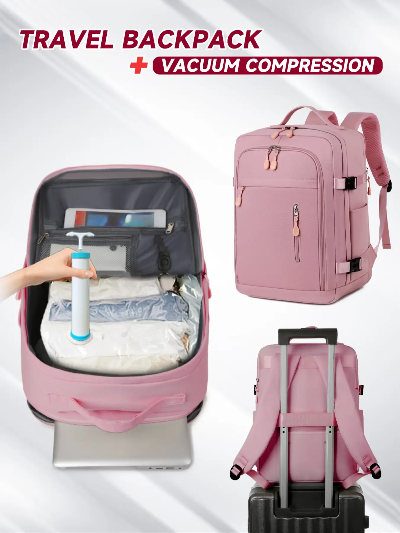Vacuum Compression Backpack, Travel Backpacks, Vacuum Seal Backpack with Air Pump Set, Approved by Airlines, Travel Bag, Laptop Compartment, Large Capacity with Storage Compartments, 51% Increased Volume with Internal Vacuu