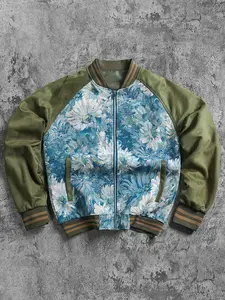 Men's Floral Print Zip-Up Bomber Jacket, Regular Fit Casual Long Sleeve Ribbed Outerwear for Summer & Fall, Men's Clothes for Daily Wear, Fashion Fit Jacket, Casual Streetwear Jackets WeeklyDeals summervibes tiktokshopmemorialday