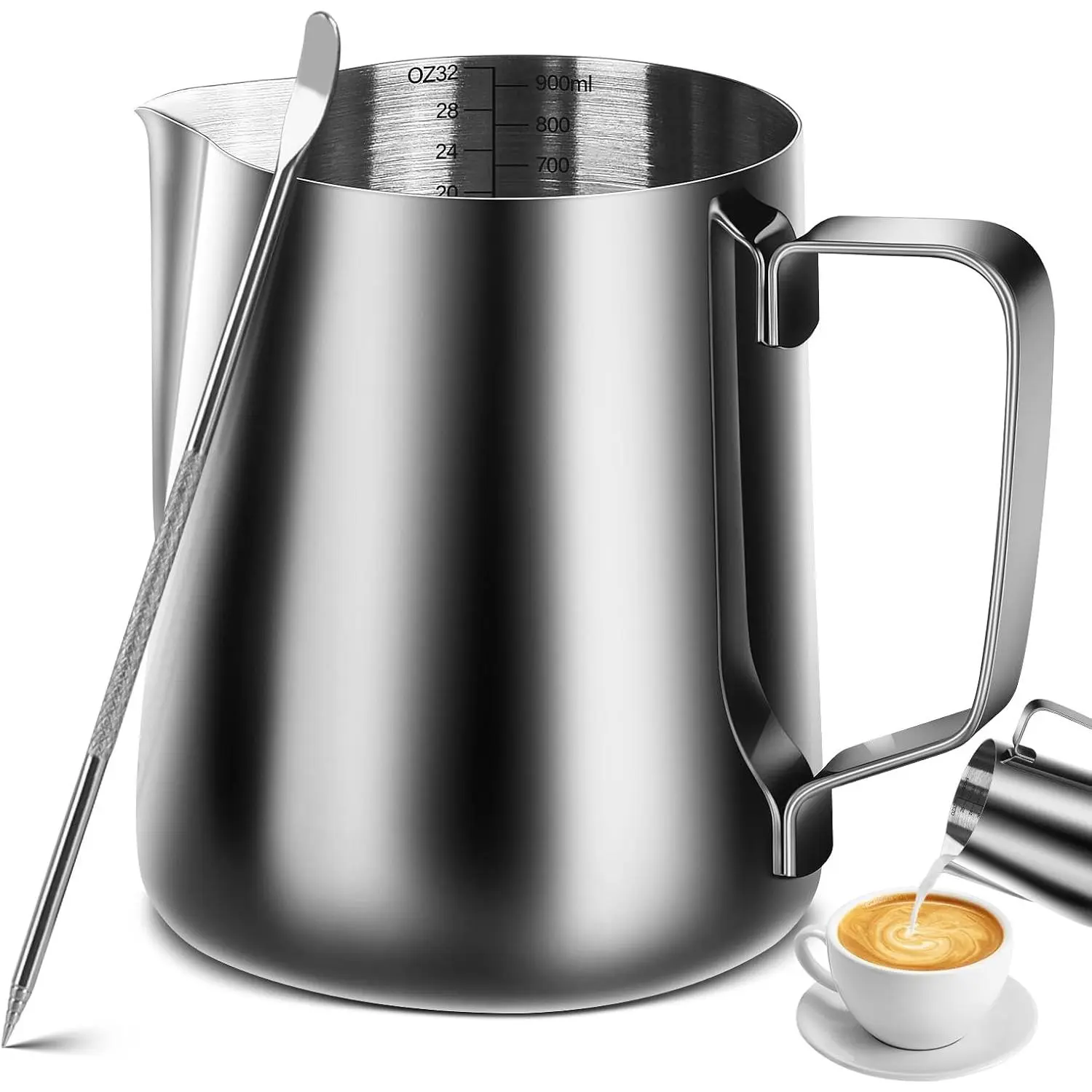Espresso Milk Frothing Pitcher, Stainless Steel 300Z/900ML Coffee Milk Frother Cup with Decorating Art Pen for Espresso Machine, Latte Art