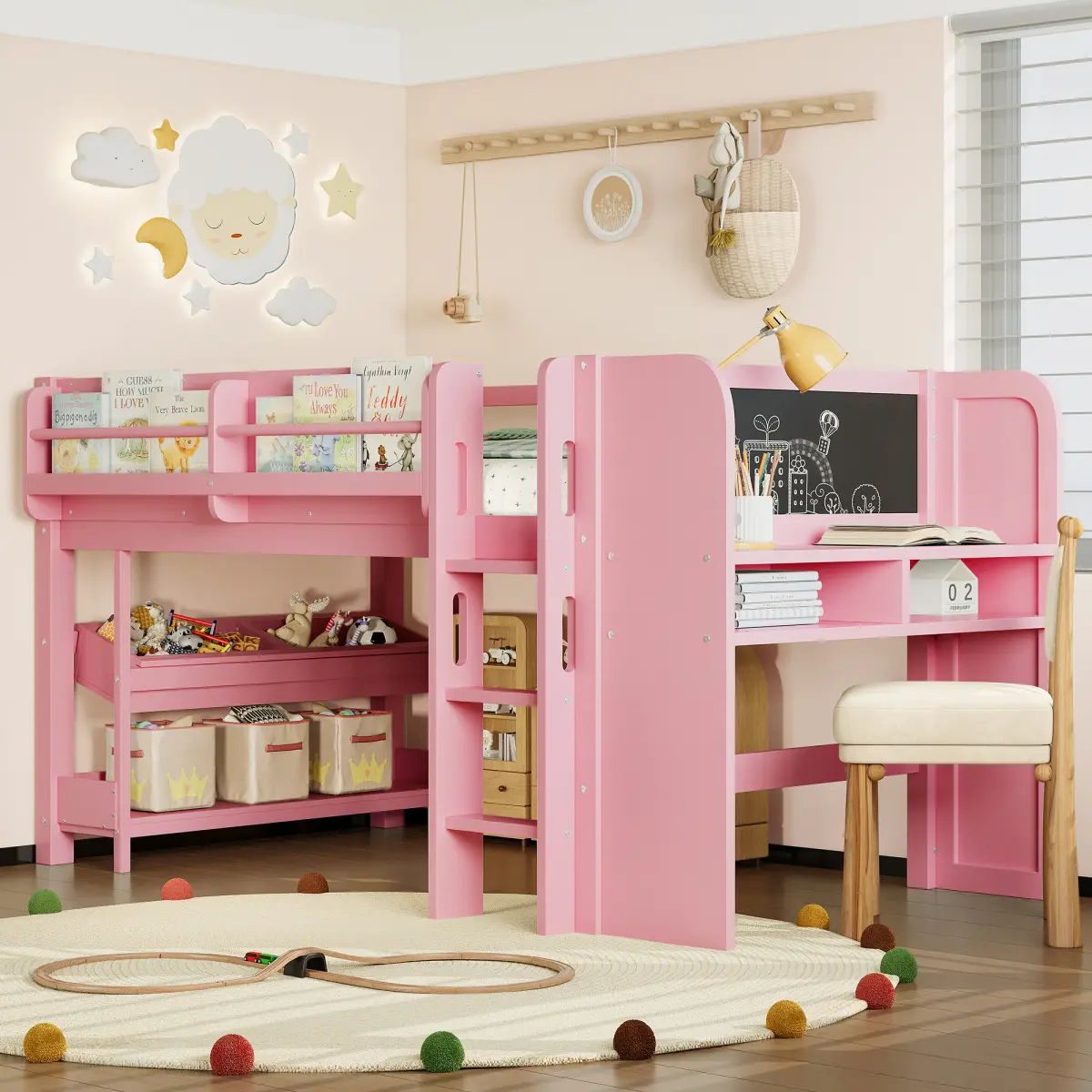 [Bellemave]Twin /Full Loft Bed with Multi-storage Bookcases, Boxes and Drawers, Solid Wood Low Loft Beds with Desk and Blackboard, No Box Spring Needed,  Pink