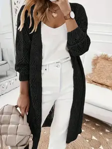 Women's Cardigan, Elegant Fitted Long Sleeve Open Knitwear Sweater with Lace Details, Perfect for Outings & Office Wear, Bohemian Style, Ideal for New Year
