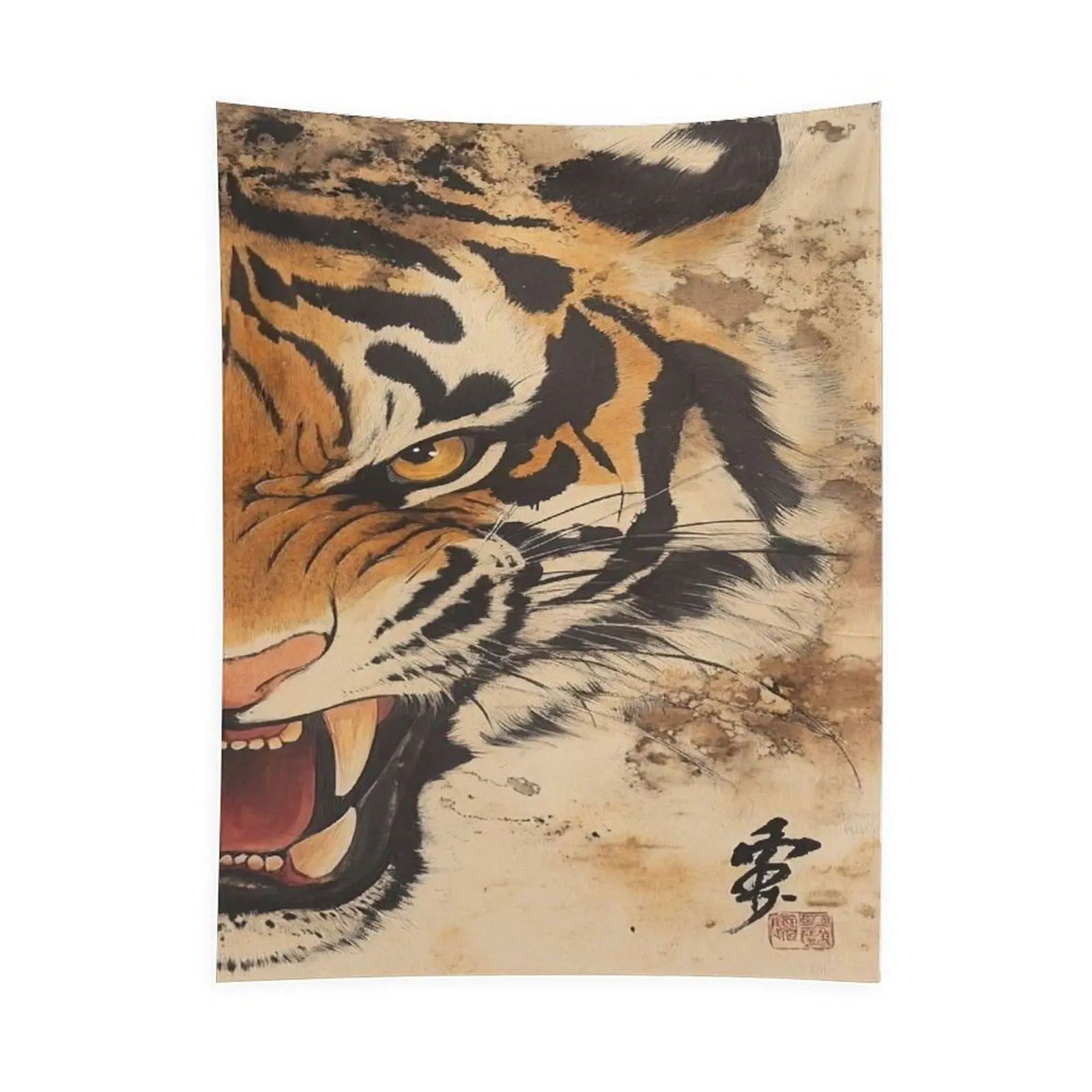 Fierce Tiger Wall Tapestry, Japanese Ink Style Wild Tiger Art Hanging, Bold Animal Room Decor for Bedroom Dorm Living Room