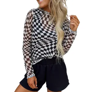 Mntaor Women's Super Chic Winteroutfit Black Checkered Mesh Mock Neck Long Sleeve Top - Chic Shirt for Women - Womenswear, Blouses Comfort Casual
