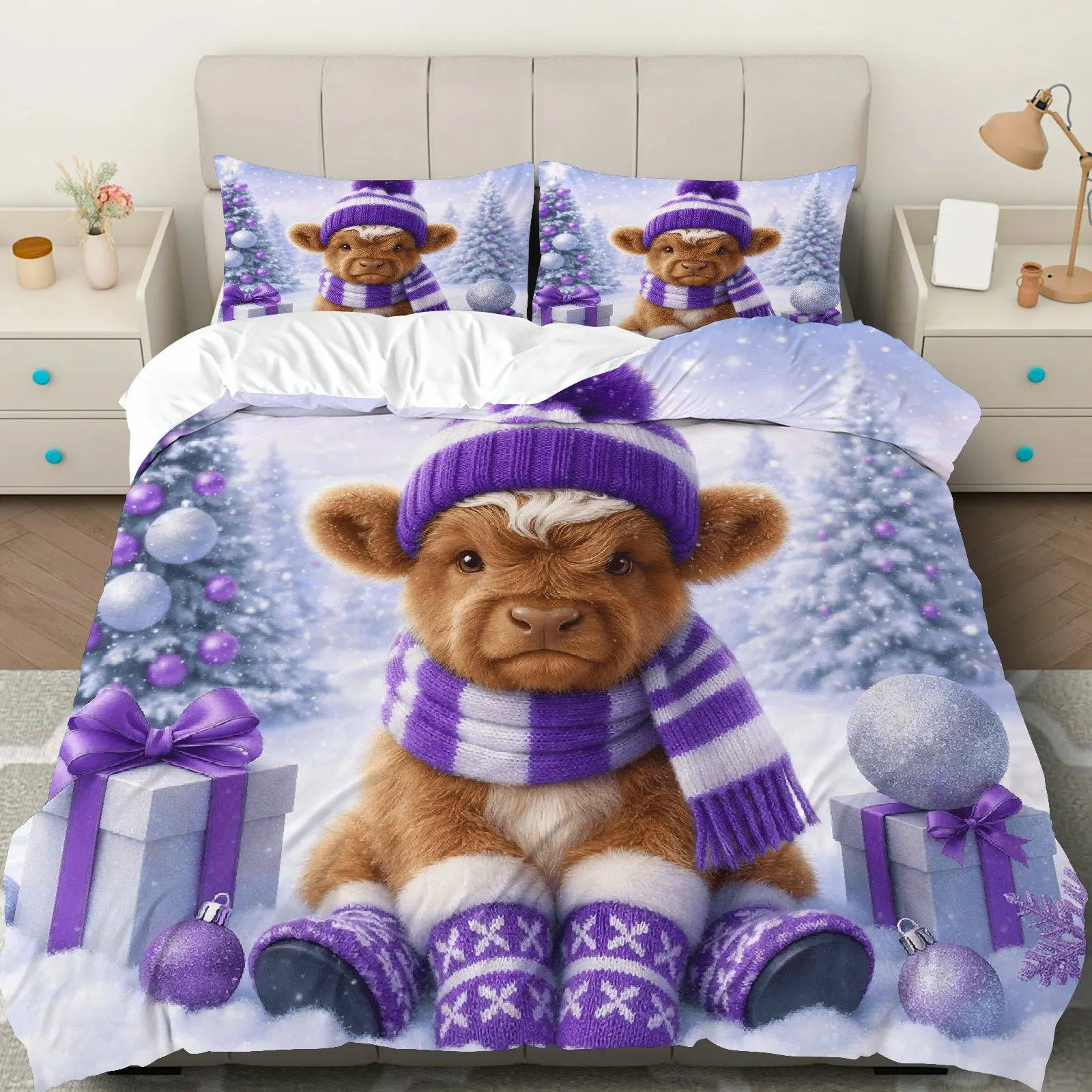 3PCS Duvet Cover Set, 1 Duvet+2 Pillowcases(Without filler), Winter Cozy Purple Christmas Gift Animal theme, Christmas bedding set, Festive Decorative Suitable for decoration bedroom living room guest room dorm.