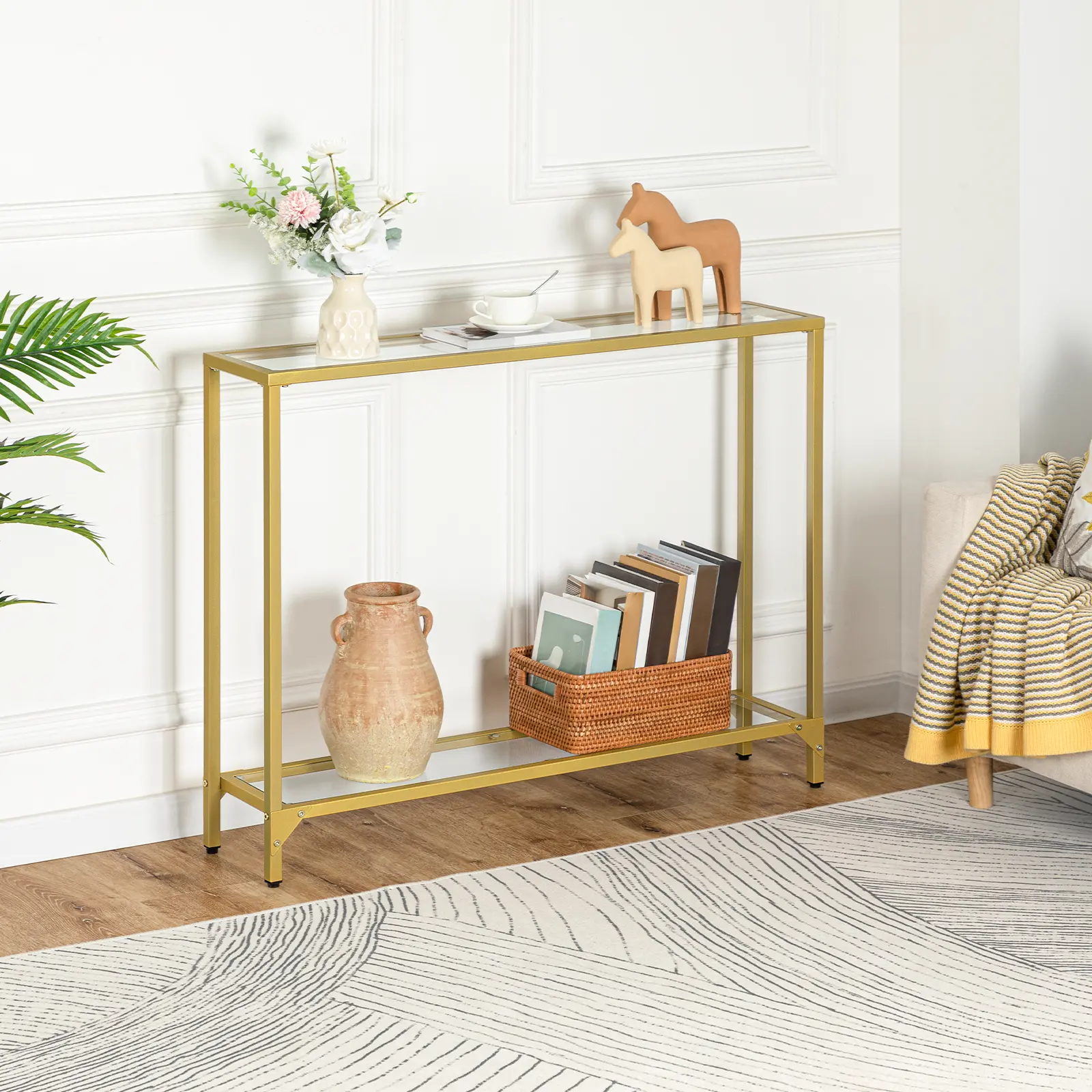 HOOBRO 39.4" Gold Entryway Table，Modern Console Table Aesthetic Design, Tempered Glass Sofa Table, Narrow Couch Table, Metal Frame, for Living Room, Hallway, Interior Furniture， Adjustable Feet Minimalist #SummerVibes