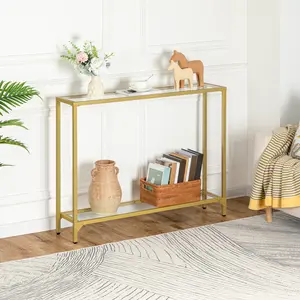 HOOBRO 39.4" Gold Entryway Table，Modern Console Table Aesthetic Design, Tempered Glass Sofa Table, Narrow Couch Table, Metal Frame, for Living Room, Hallway, Interior Furniture， Adjustable Feet Minimalist#SpringSale #BigSpringSale