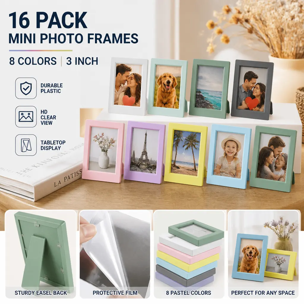 16pcs 2x3 in Colorful Sturdy ABS Instax Mini Picture Frames - 8-Color Polaroid Photo Frames with Stand & Wall Mount, Office Stationery Home Supplies for Home Office Desk Display, Multiple