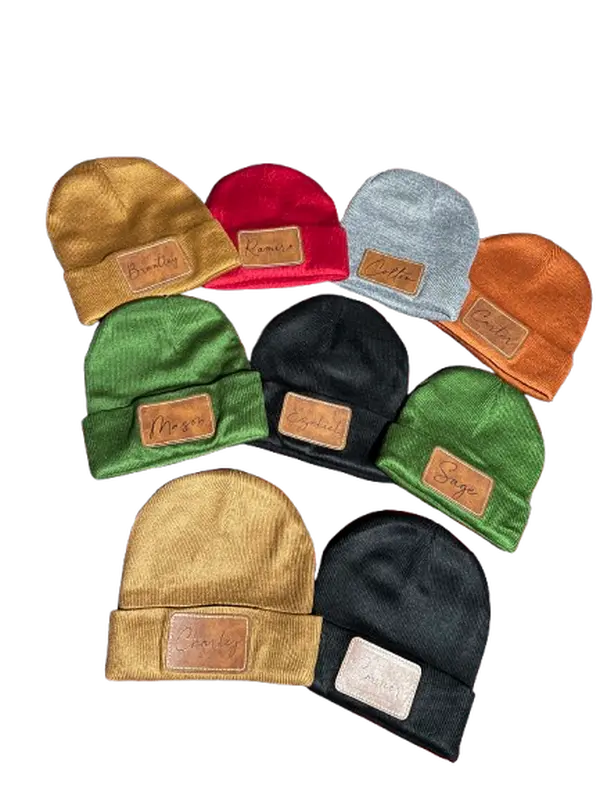 Customized beanie with leather patch