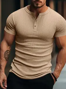 Men's Short Sleeve Ribbed Henley Shirt, Slim Fit Button Up Casual Tee, Soft Stretch Workout Top for Gym, Bodybuilding, Daily Wear & Vacation