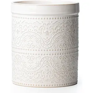 Kitchen Utensil Holder, 7 Inches Large Ceramic Utensil Holder for Countertop, Lace Emboss Cooking Utensil Crocks for Kitchen, Home Decor, Off-White