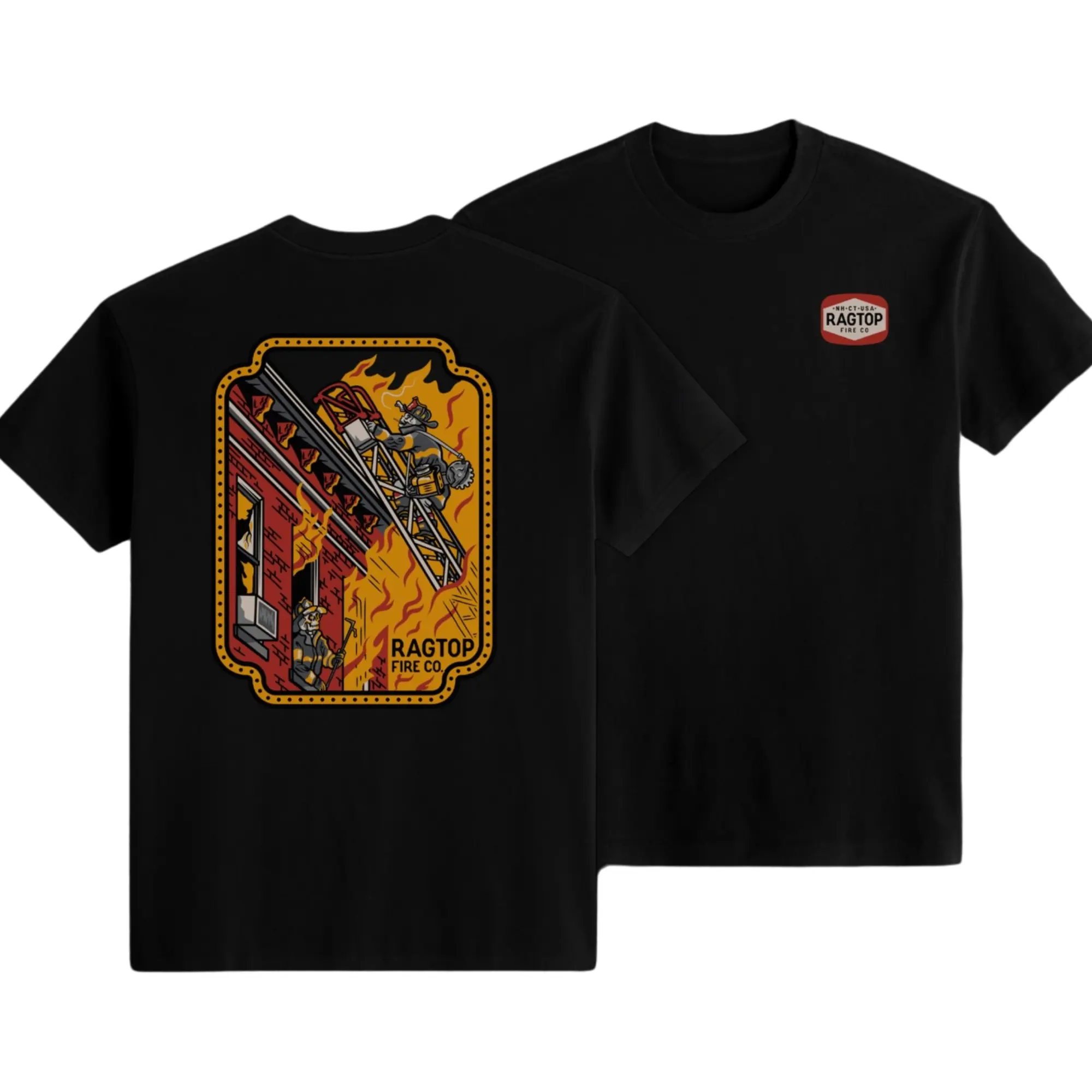 Ragtop Fire Co Firefighter Shirt | Retro Ladder Truck Graphic Tee for Fire Rescue Crew First Responder Firehouse Gift
