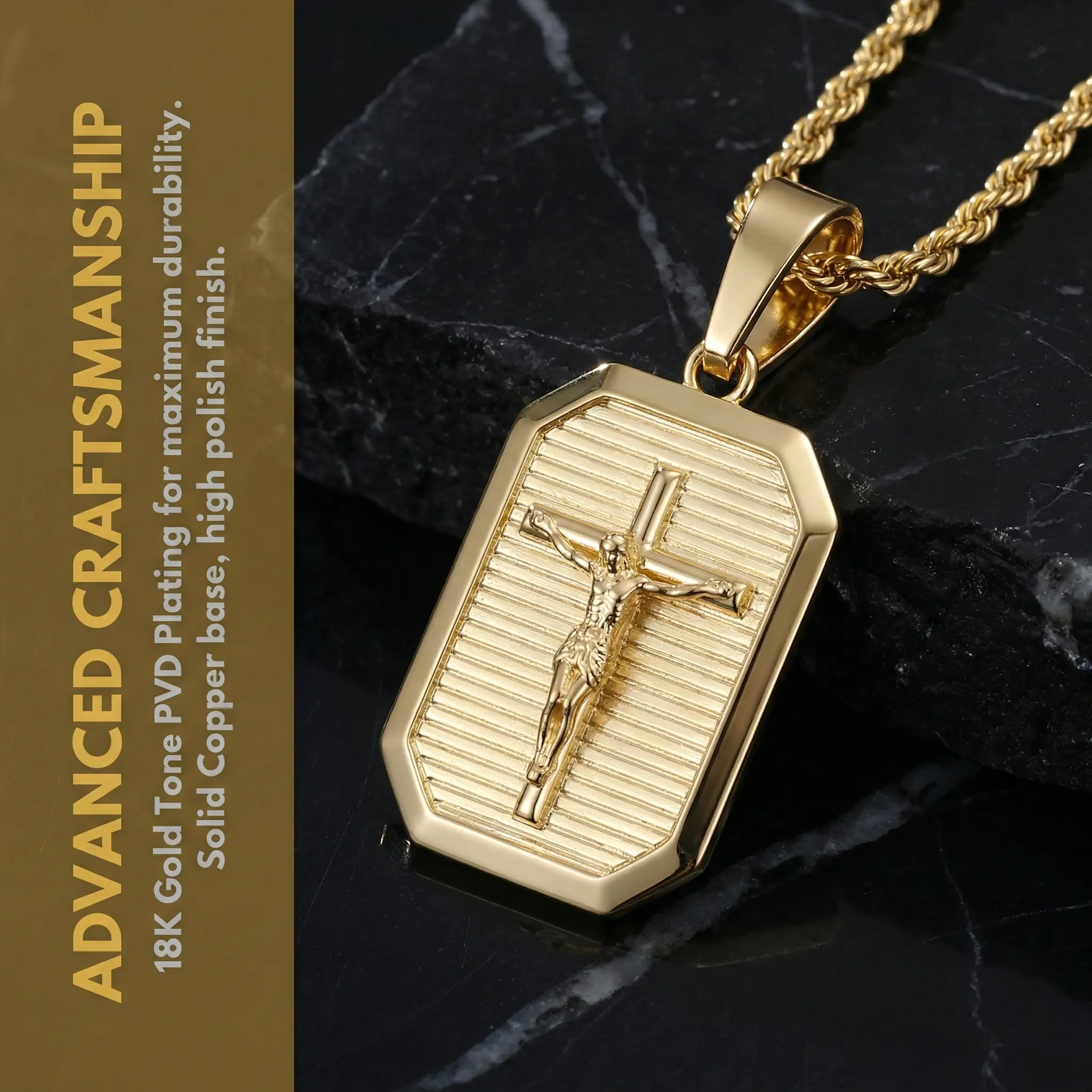 Sunselle 18k Gold Plated Premium Niche Jesus Crucifix Pendant Square with High Strength Rope Chain, PVD Plating, Perfect for Daily Wear or Gifting, Endurable, Unisex. Water Proof, Steetwear Cross, Vintage Aesthetic, No fading, No Tarnishing, Necklaces For