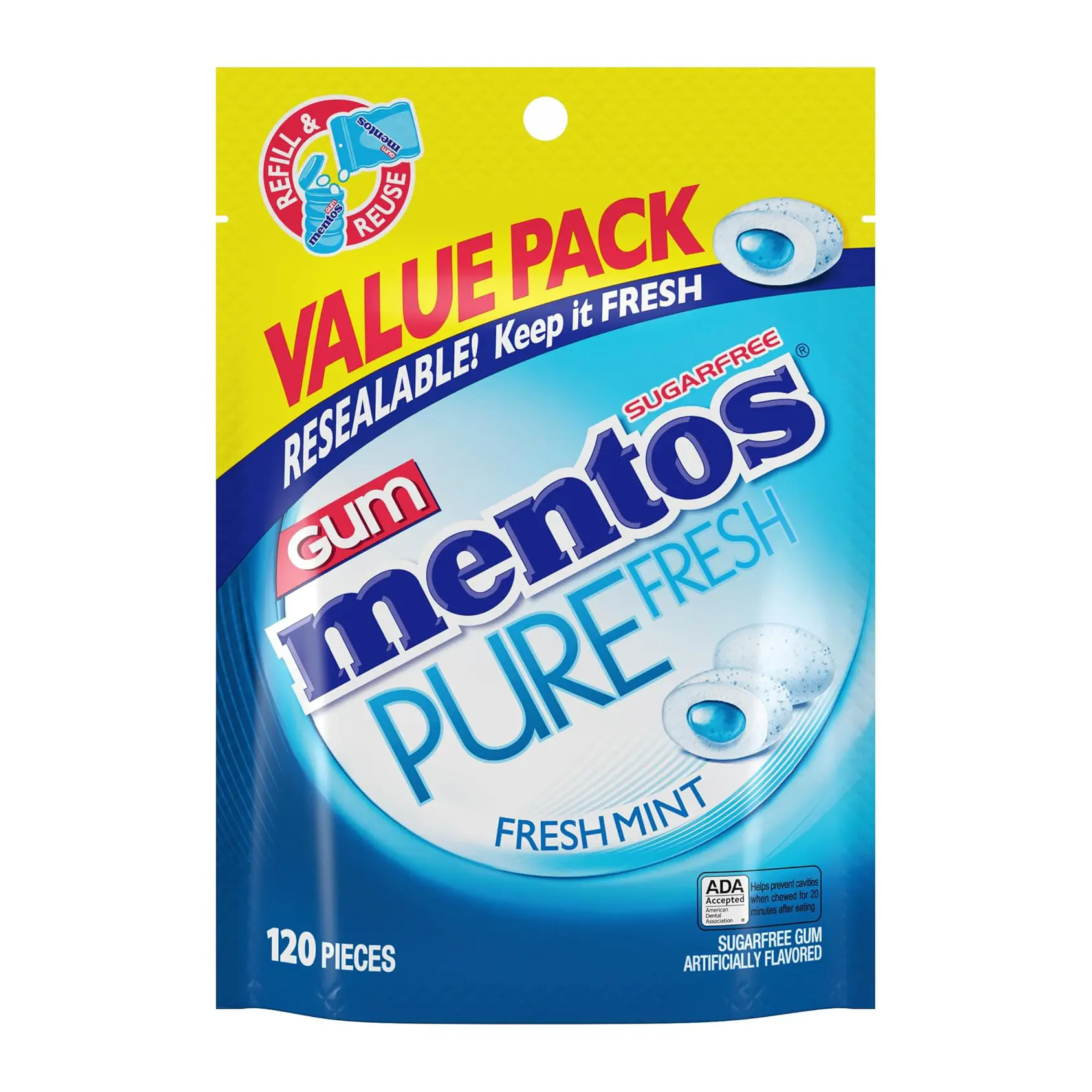 Mentos Pure Fresh Sugar-Free Chewing Gum with Xylitol, Fresh Mint, 120 Piece Resealable Bag (Pack of 1)