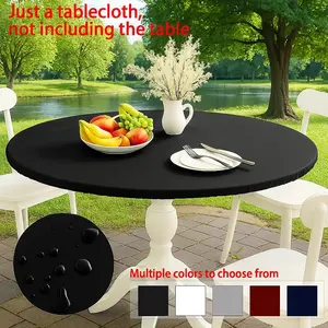 1pc Round Solid Color Table Cover, Vinyl Waterproof Oil-Resistant Easy Clean, Rubber Band Flannel Backing Non-Slip, Outdoor Indoor Use