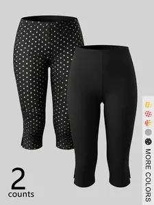 Women's High-Waisted Capri Leggings Set, Solid Color & Polka Dot Print, Comfortable Casual Sporty Athleisure Yoga Wear Pants, Ideal for Daily Wear