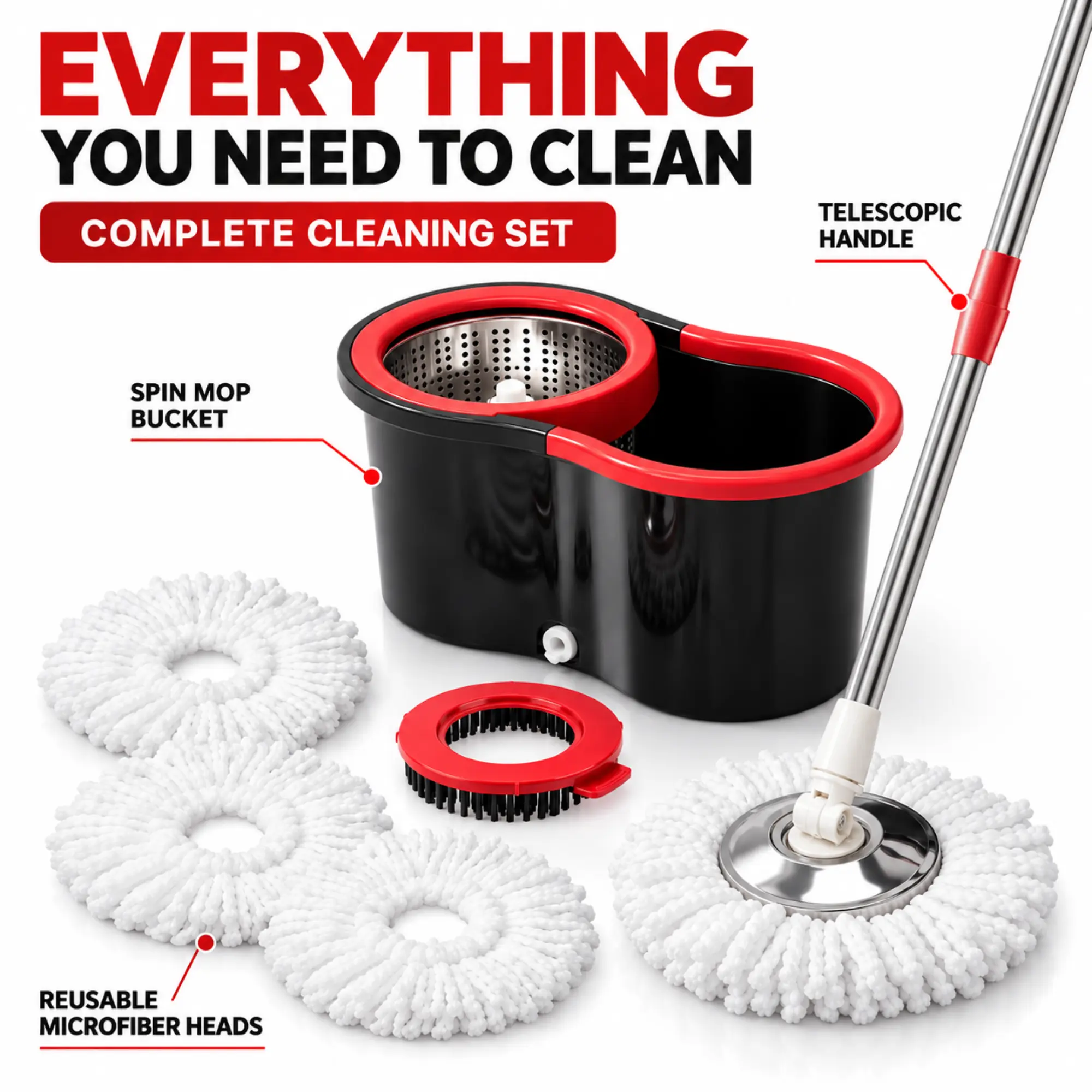 Spin Mop & Bucket Set with Microfibre Mop, 3 Reusable Replacement Pads, Up to 61-Inch Adjustable Handle, Scrub Brush, Wet Floor Mop for Hardwood & Floor Cleaning System for Home Tool