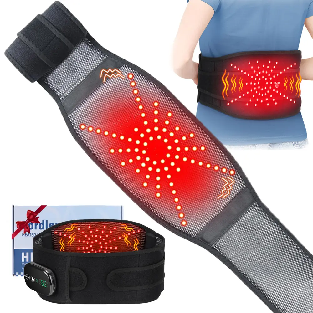 Cordless Lower Back Massager, Waist Heating Pad Thermal Warm, LED Belt with 3-Level Heat & Vibration, 5000mAh Heated Back Wrap Strap, Gift for Dad & Mom