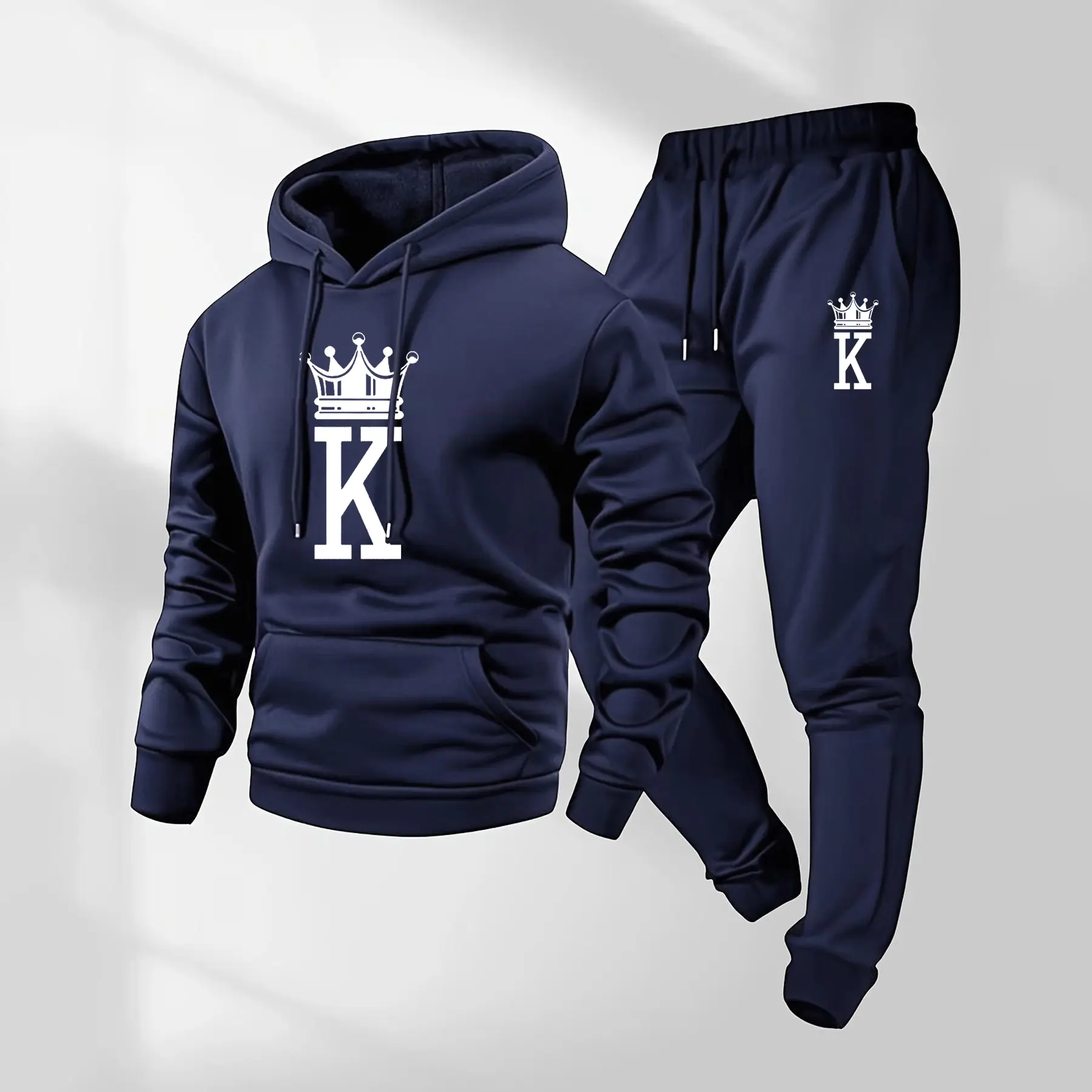 Men's King Logo Printed Hoodie and Drawstring Sweatpants Set, Menswear, Casual Athletic Long Sleeve Hooded Jacket & Trousers for Fall & Winter, Men's Clothing for Daily Wear, Sportswear Indoor Outdoor, Tracksuit, Athleisure Summer Clothes