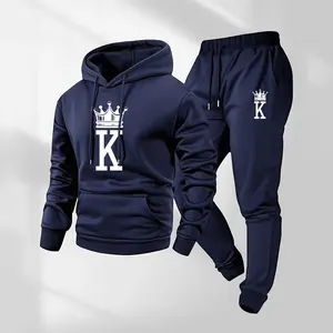 Men's King Logo Printed Hoodie and Drawstring Sweatpants Set, Menswear, Casual Athletic Long Sleeve Hooded Jacket & Trousers for Fall & Winter, Men's Clothing for Daily Wear, Sportswear Indoor Outdoor, Tracksuit, Athleisure Summer Clothes